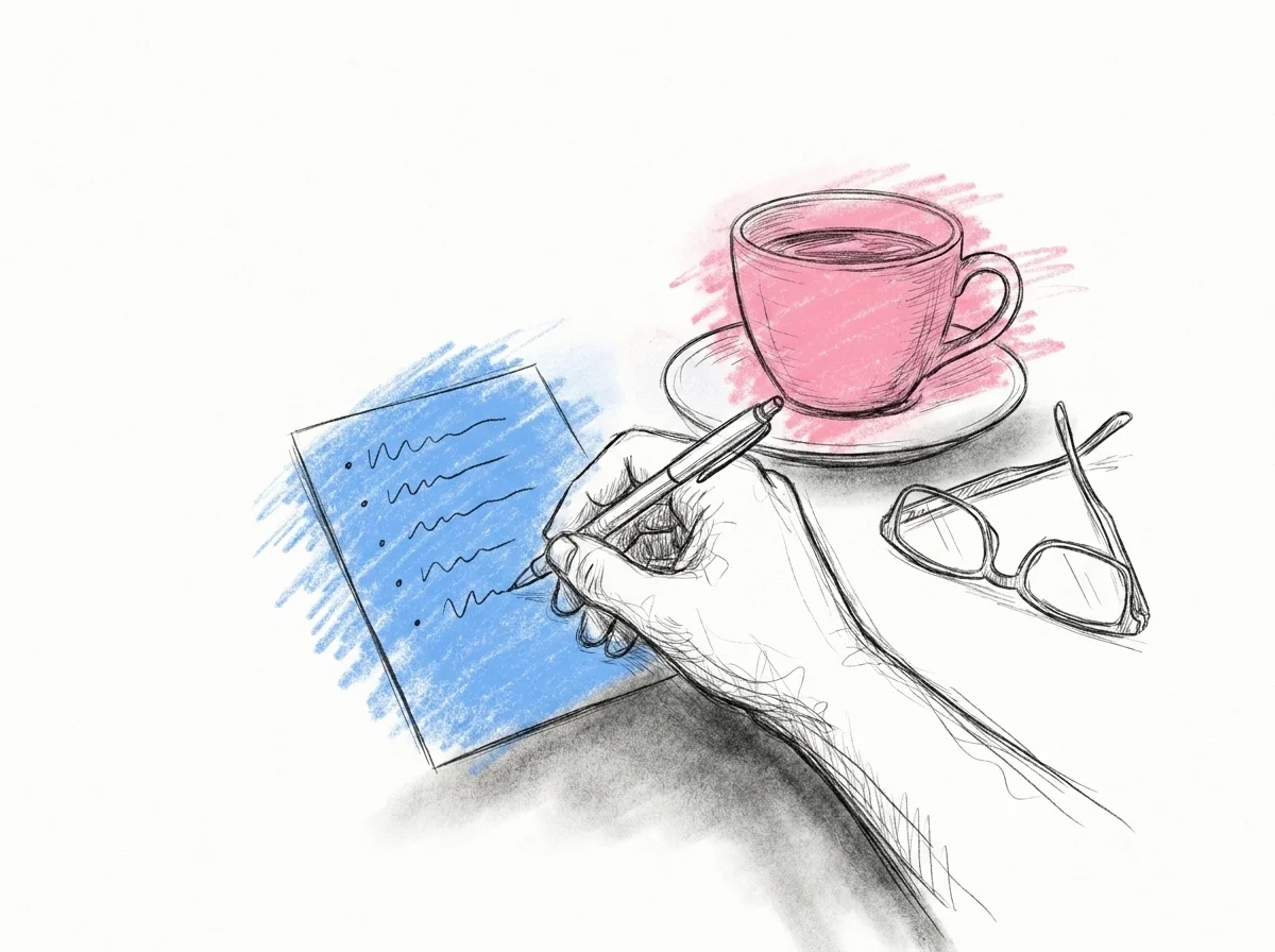 Hand som skriver fem korta numrerade stödord på ett litet kort vid ett köksbord, bredvid en kaffekopp och ett par läsglasögon, i Lovios rosa och blå illustrationsstil