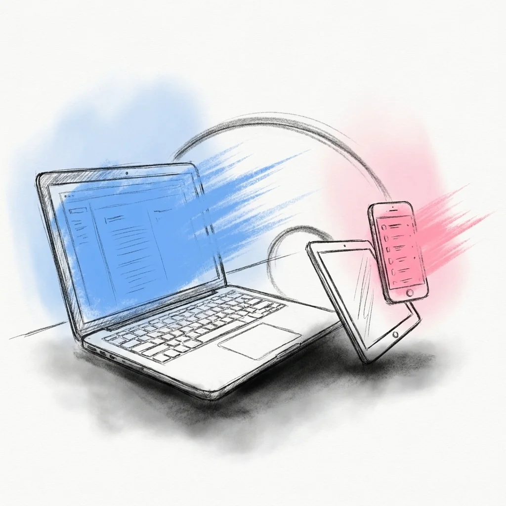 Lovios dokumentvy med ett talutkast öppet som delas vidare till toastmasterns skärm, bredvid en mobil som visar dagsprogrammet, i Lovios rosa och blå illustrationsstil
