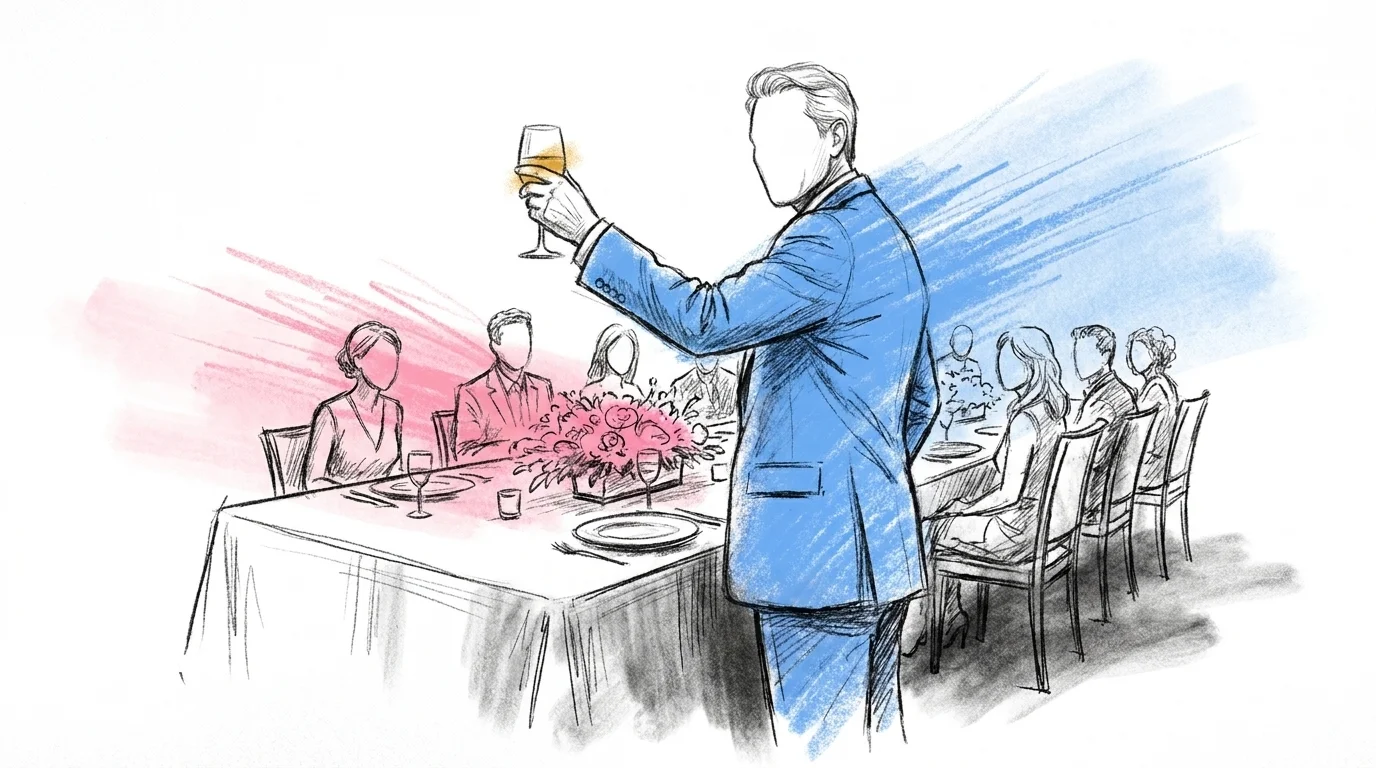 Äldre man reser sig vid ett långt festligt dukat middagsbord och höjer ett glas i en skål medan gästerna runt bordet vänder sig mot honom, i Lovios rosa och blå illustrationsstil