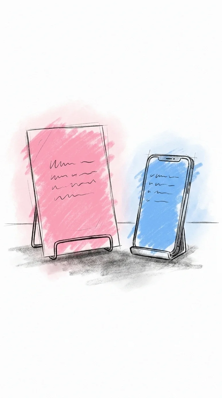 Styvt A5-stödkort med några få stora handskrivna stödord står på ett bord bredvid en mobil som visar samma korta lista, i Lovios rosa och blå illustrationsstil