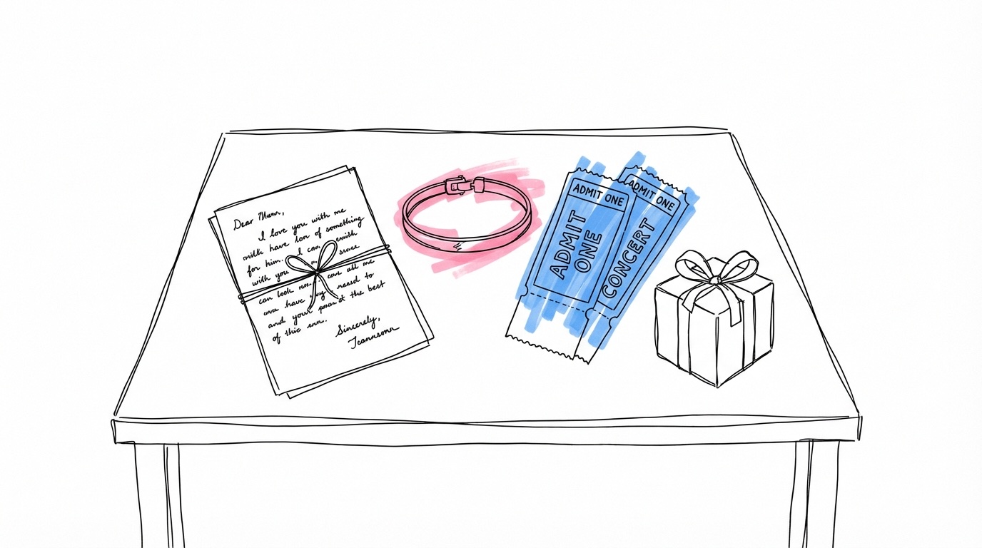 Olika morgongåvor i olika prisklasser samlade på ett bord