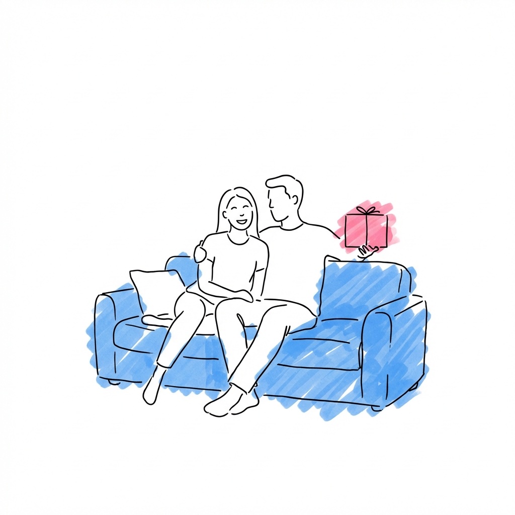 Par på en soffa — en håller en gåva bakom ryggen