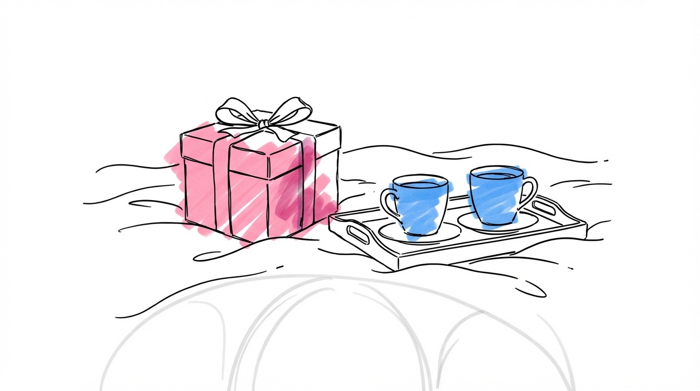 Morgongåva på bröllop — en vackert inslagen gåva vid kaffekoppar på sängen