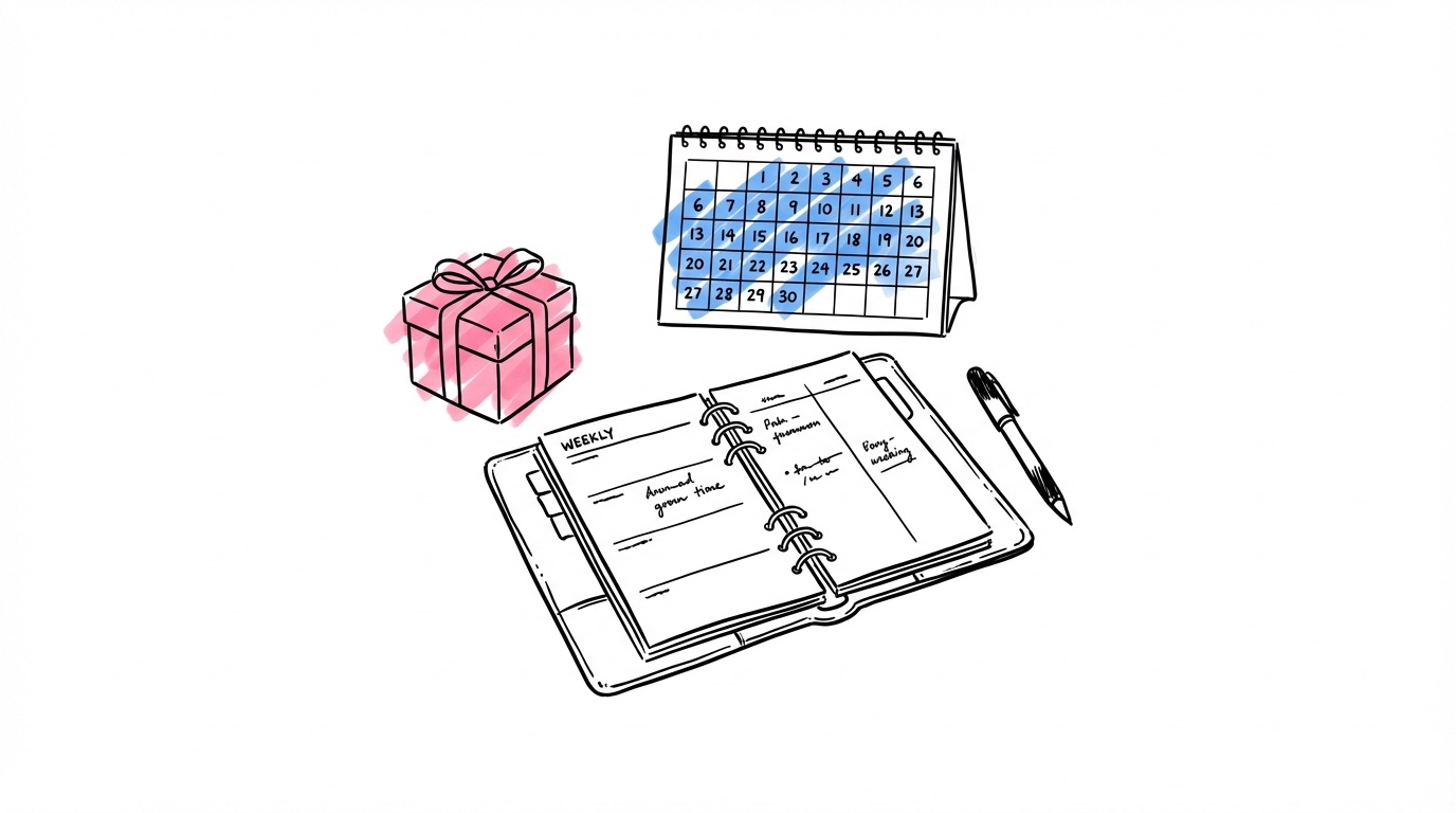 Planeringskalender med markerade datum och en inslagen gåva