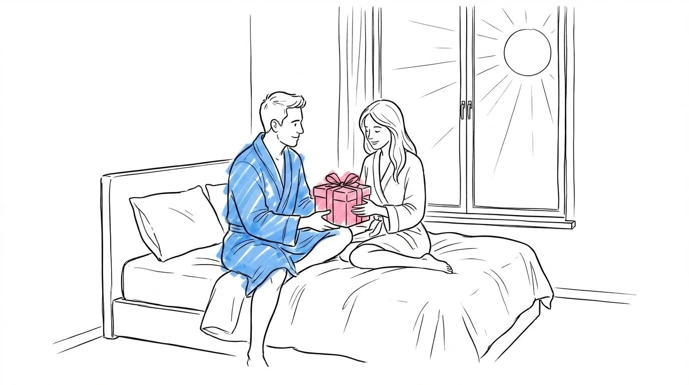 Brudpar i morgonrockar på bröllopsmorgonen som utbyter en liten inslagen gåva på en fönsterbelyst säng — lugn och öm stämning i mjukt morgonljus, Lovios illustrationsstil