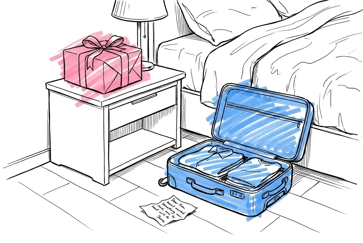 En liten inslagen gåva kvarlämnad på ett hotellrums nattduksbord intill en öppen packlåda och en bortglömd lapp — något melankolisk men stilren och illustrativ, mitt på morgonen-ljus, Lovios illustrationsstil