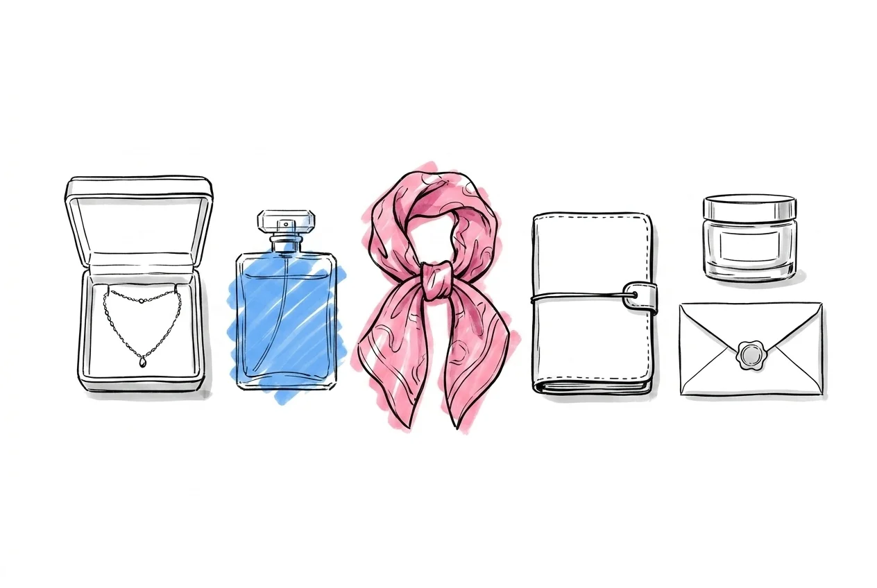 Horisontell flatlay av sex feminint kodade gåvoobjekt utspridda på en bordsskiva — en öppen smyckesask med ett halsband, en parfymflaska, en vikt silkesjal, en läderbunden anteckningsbok, en liten hudvårdsburk och ett förseglat kuvert — arrangerade med luftiga mellanrum, Lovios illustrationsstil