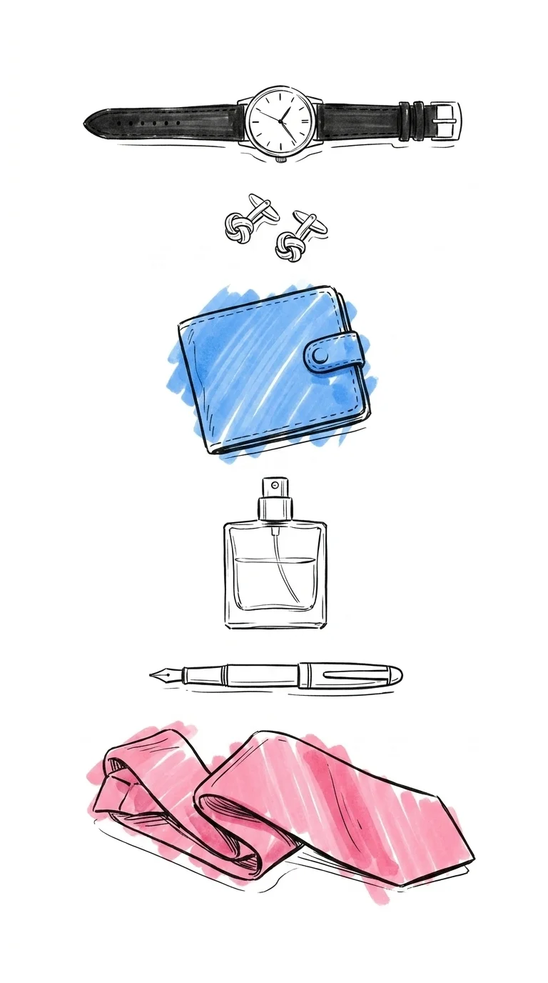 Vertikal flatlay av sex maskulint kodade gåvoobjekt arrangerade uppifrån och ner — armbandsur, manschettknappar, läderplånbok, parfymflaska, penna och en vikt sidenslip — uppställda som en kuraterad bricka, Lovios illustrationsstil