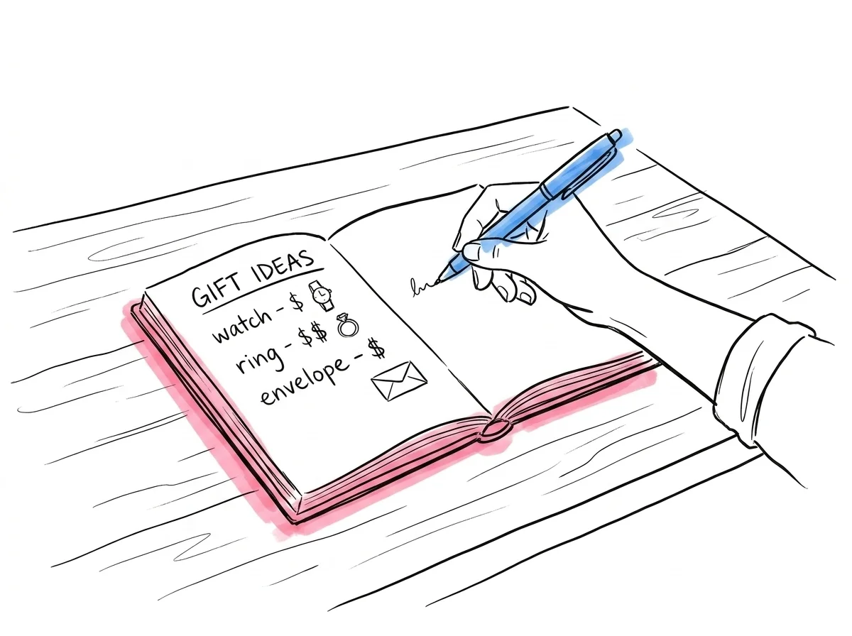 Närbild över axeln på någon som skriver i en öppen anteckningsbok vid ett skrivbord, med en liten prisnivå-lista och ett par gåvoskisser i marginalen — fokuserad och medveten stämning, Lovios illustrationsstil