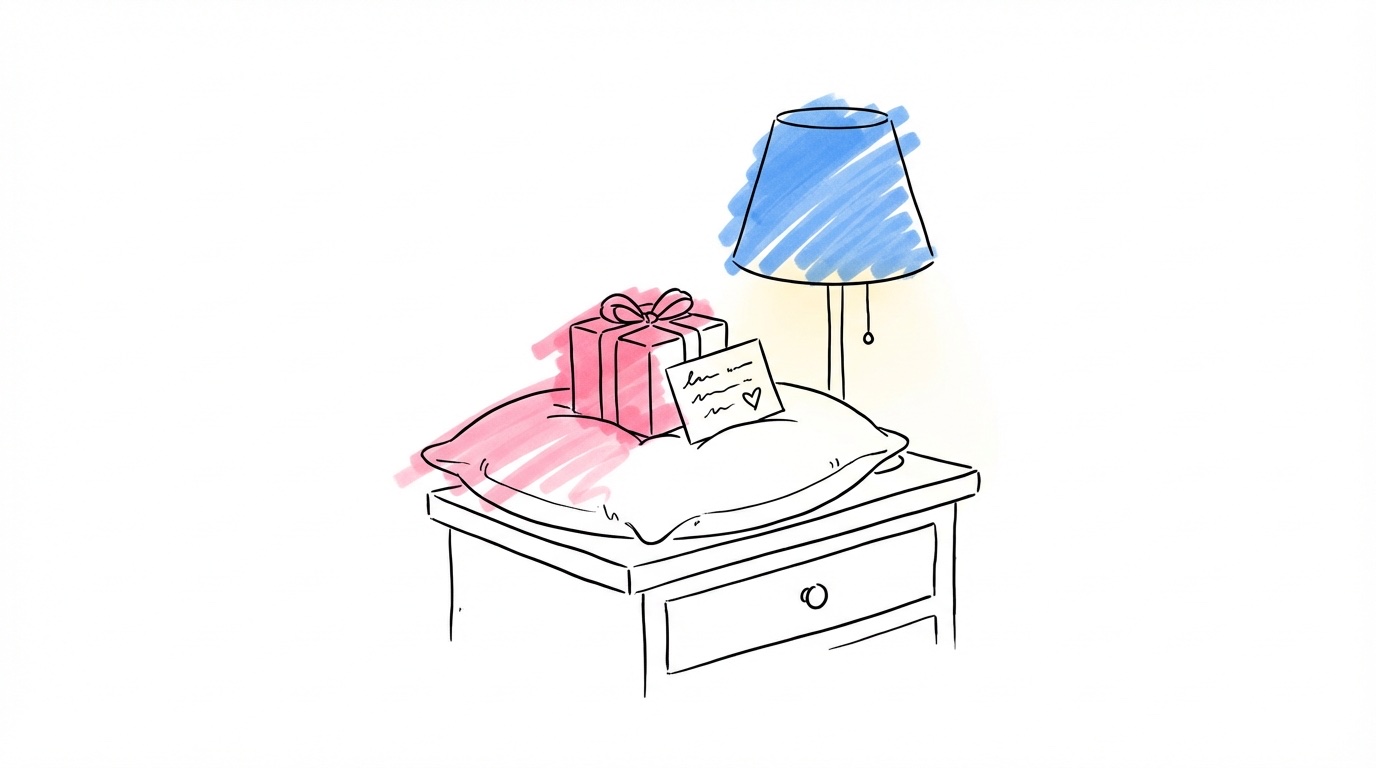 Gåva placerad på en hotellkudde i brudsviten