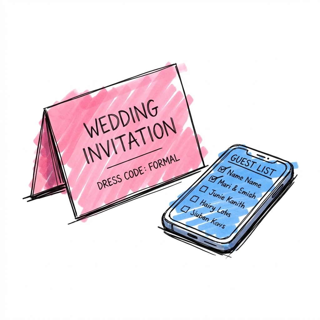 En digital bröllopsinbjudan med klädkodsinformation bredvid en telefon som visar en gästlista, i Lovios rosa och blå illustrationsstil