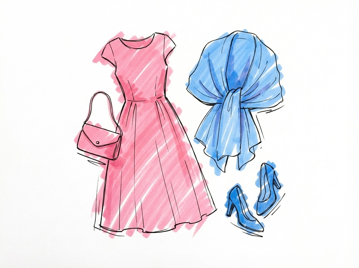 En kvinnooutfit utlagd elegant — midiklänning med en liten clutch, ett par klackskor och en lätt sjal, i Lovios rosa och blå illustrationsstil