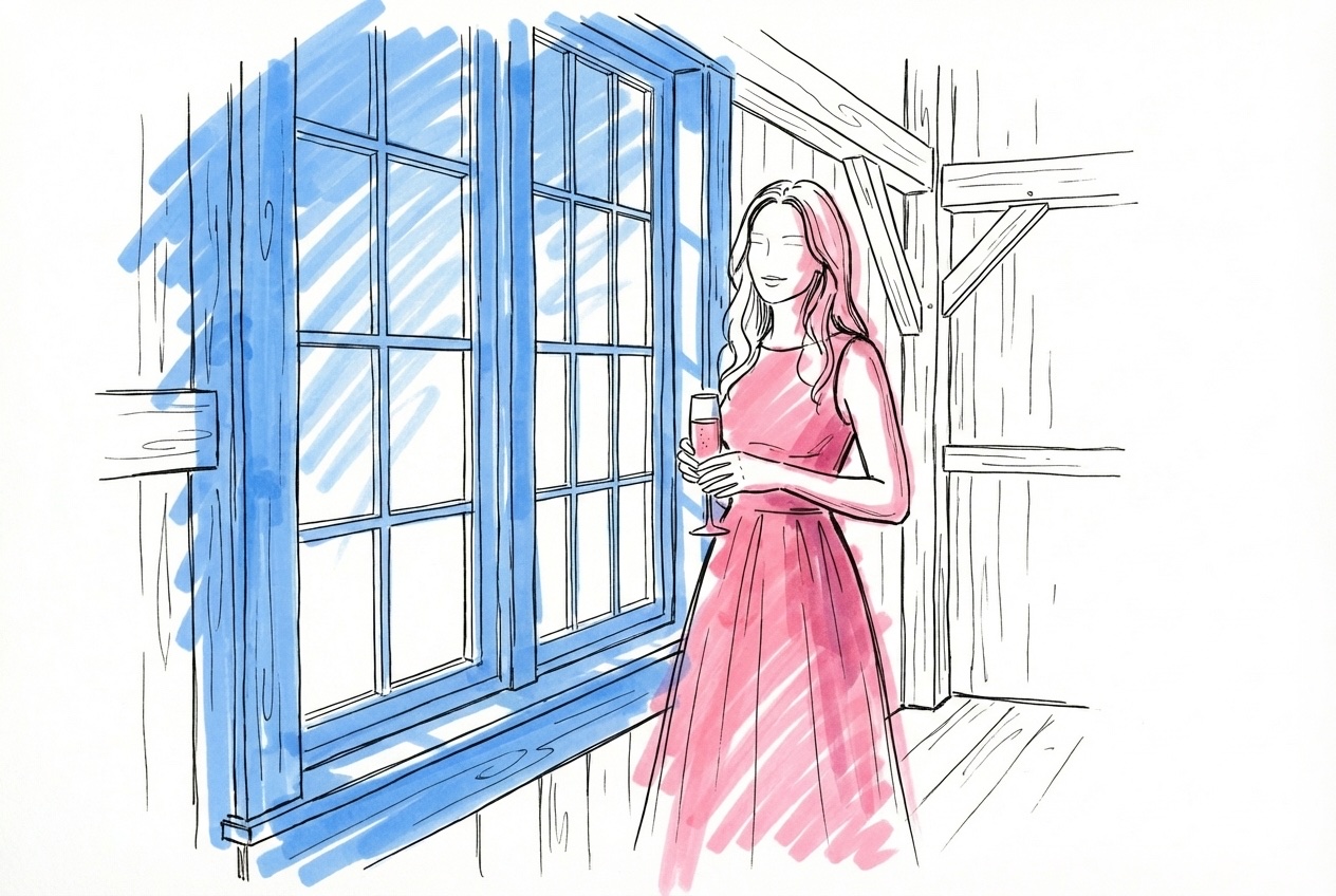 En kvinna på en bröllopslokal som håller ett champagneglas, klädd i en elegant midiklänning nära ett fönster med varmt kvällsljus, i Lovios rosa och blå illustrationsstil