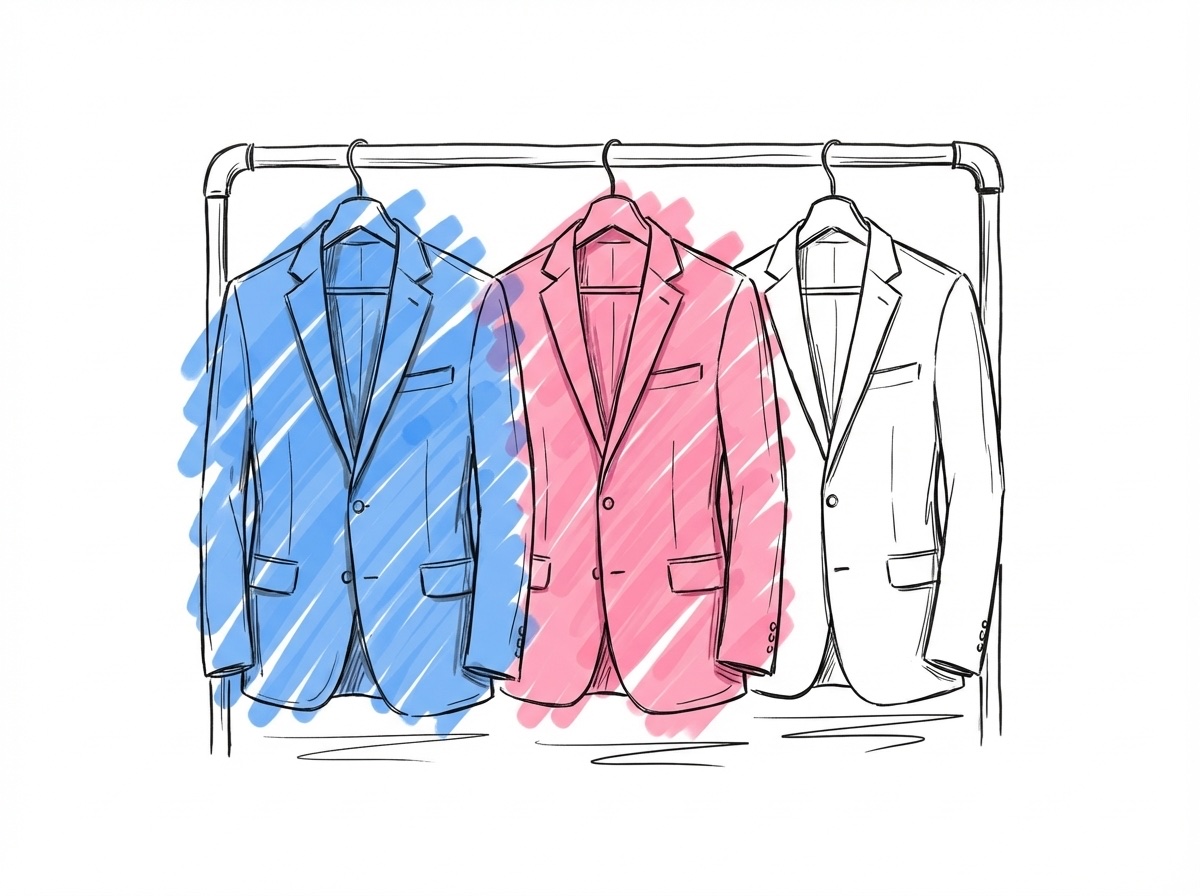Tre kostymer hängande på en ställning — en marinblå, en charcoal och en svart — i Lovios rosa och blå illustrationsstil