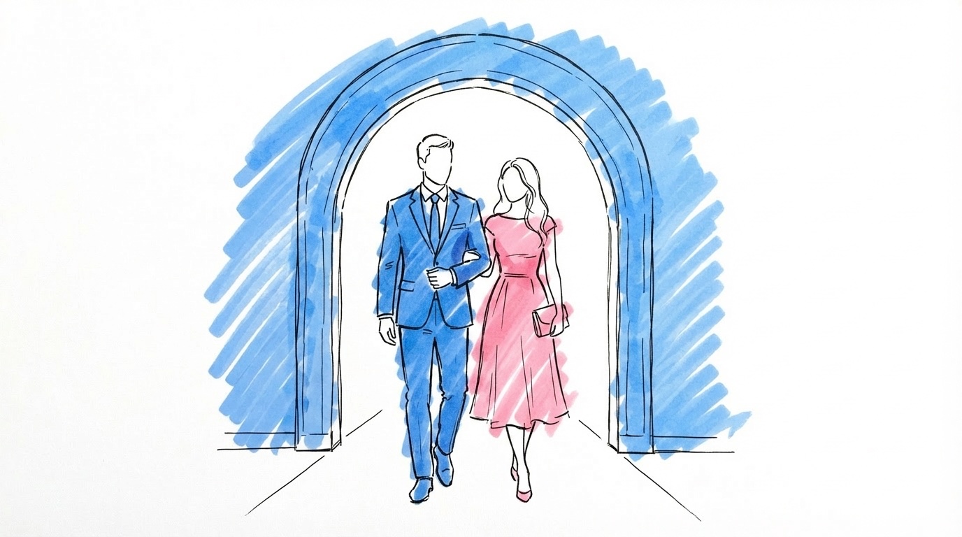 Ett par som anländer till en elegant bröllopslokal — mannen i mörk kostym med slips, kvinnan i midiklänning med clutch, i Lovios rosa och blå illustrationsstil