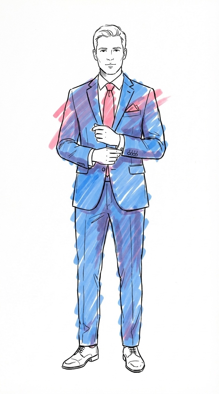 En man i välsittande mörk kostym som justerar sina manschettknappar — helfigursporträtt som visar hela outfiten från skor till krage, i Lovios rosa och blå illustrationsstil