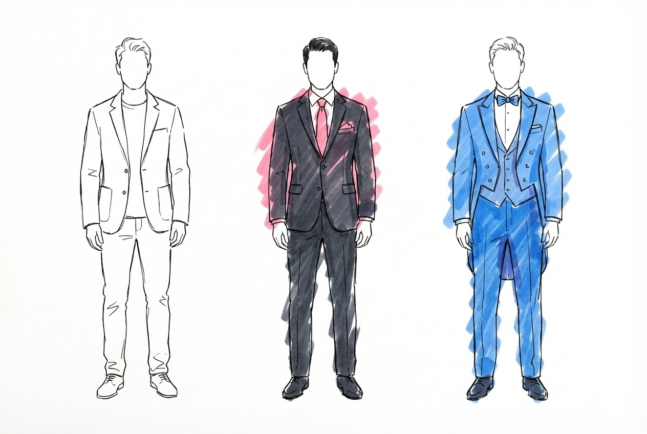 Tre män sida vid sida i olika klädkoder — en i mörk kostym med slips, en i ljusare kavaj med chinos, en i frack med vit fluga, i Lovios rosa och blå illustrationsstil