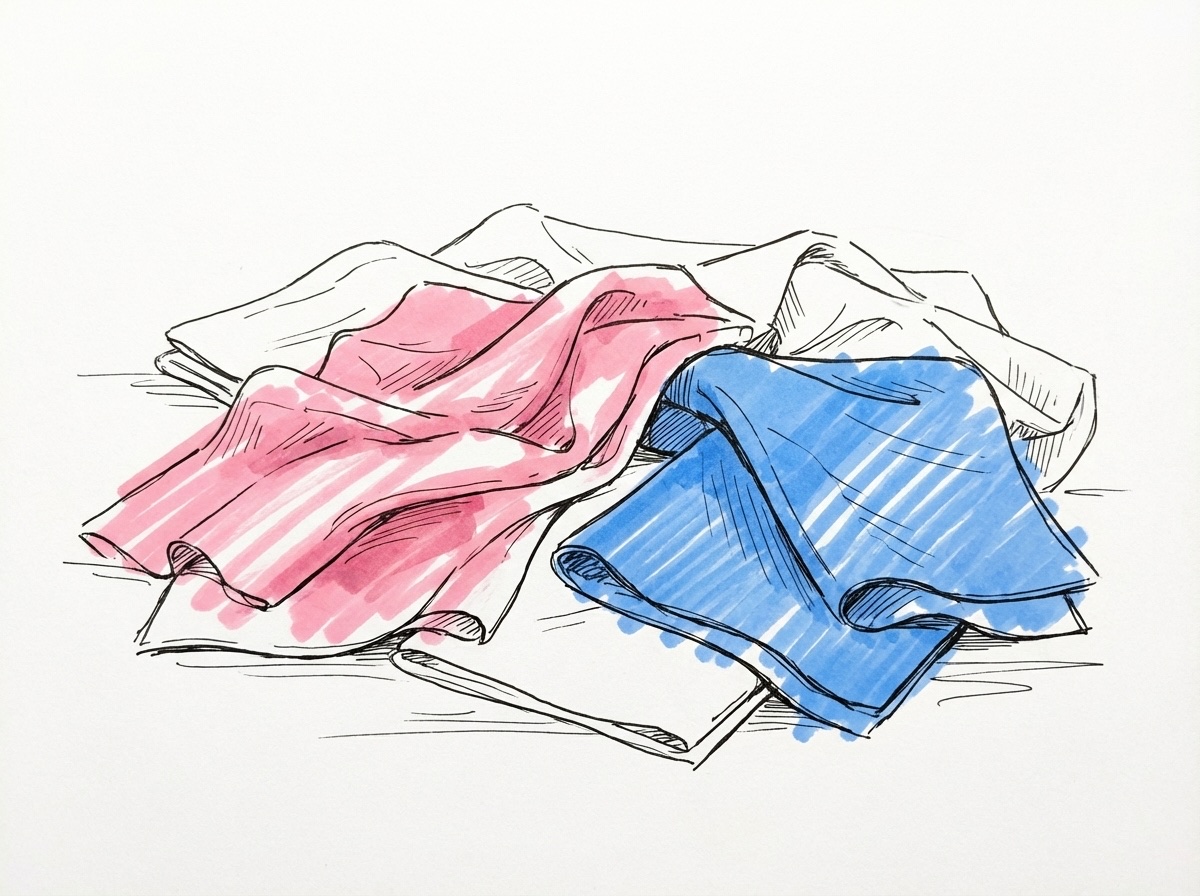 Tygprover i ull, flanell och lättare material draperade och vikta — en taktil scen som visar olika materialvikter, i Lovios rosa och blå illustrationsstil