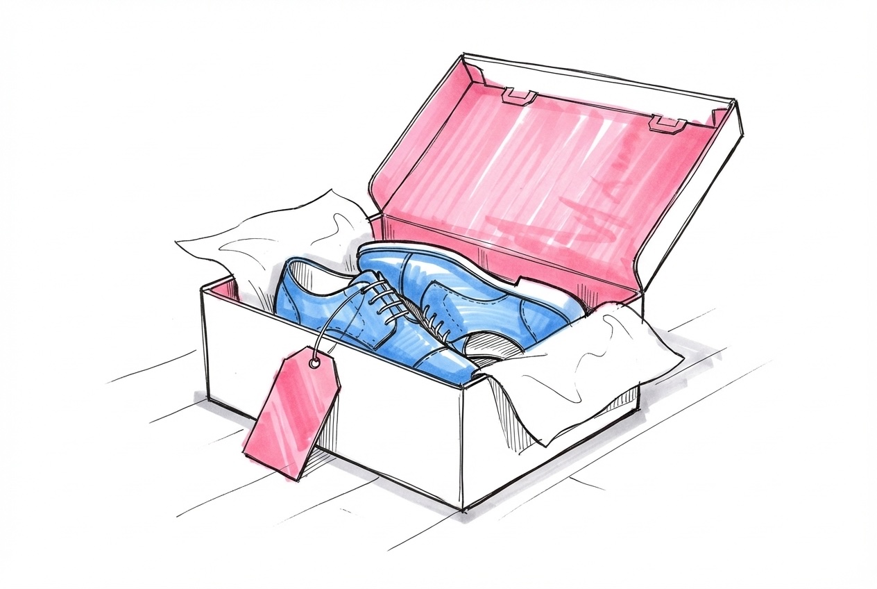 Ett par helt nya oburna läderskor som fortfarande står i sin kartong med en prislapp synlig, i Lovios rosa och blå illustrationsstil