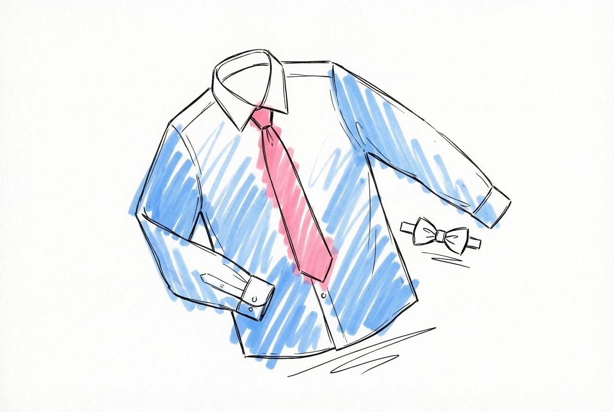 En vit skjorta med en silkeslips bredvid en fluga — flat-lay-arrangemang som visar förberedelser inför bröllopet, i Lovios rosa och blå illustrationsstil