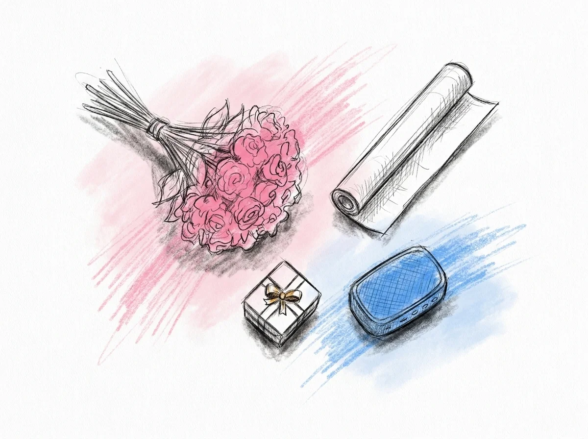 Ett flatlay-upplägg med en konstgjord bukett, en rulle presentpapper, en liten presentask och en kompakt bluetooth-högtalare