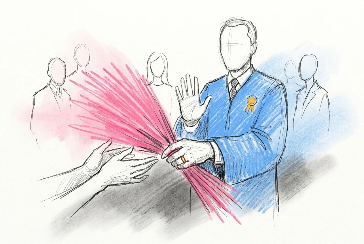 Ett hand fångad mitt i en överlämning av buketten till en granne i ringen, en domare i bakgrunden med handen redo att signalera stopp