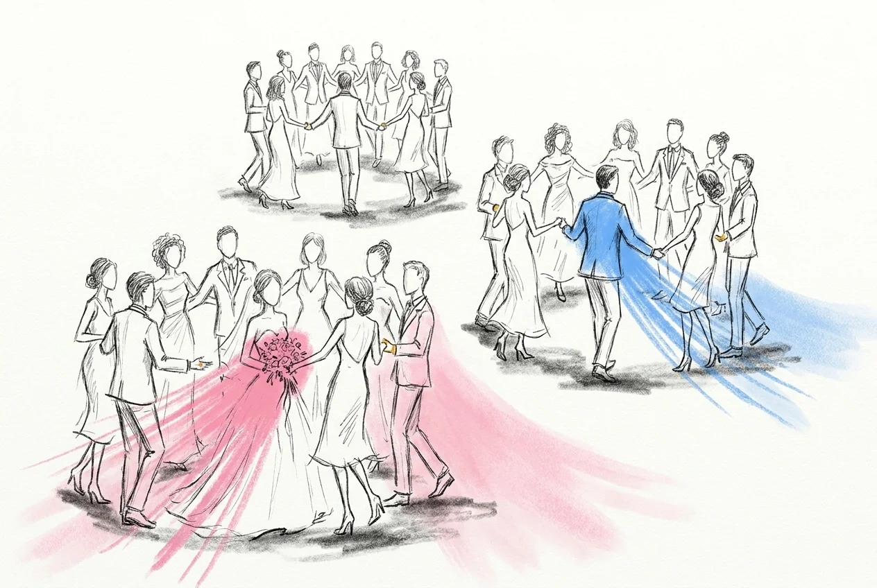 En stor fest delad i två separata ringar på dansgolvet, varje ring med sin egen huddle av gäster, som visar den parallella ringstrukturen