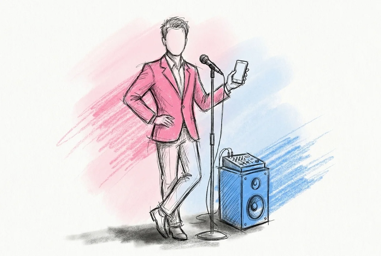 En toastmaster som står nära en mikrofon och ett litet ljudsystem, med telefonen i handen redo att spela nästa låt