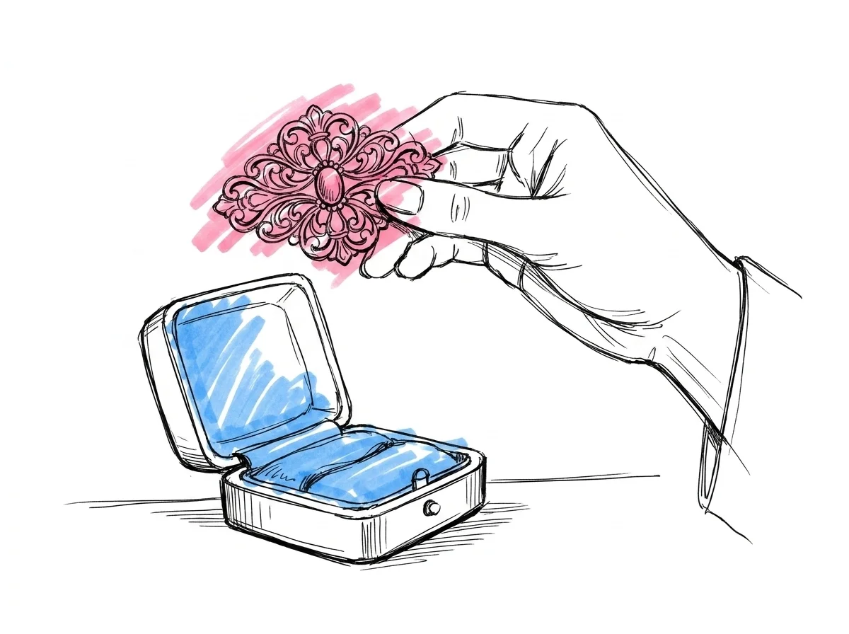 Hand som håller en ornamenterad vintage brosch, en liten smyckeskrin i bakgrunden — sentimental, varm känsla