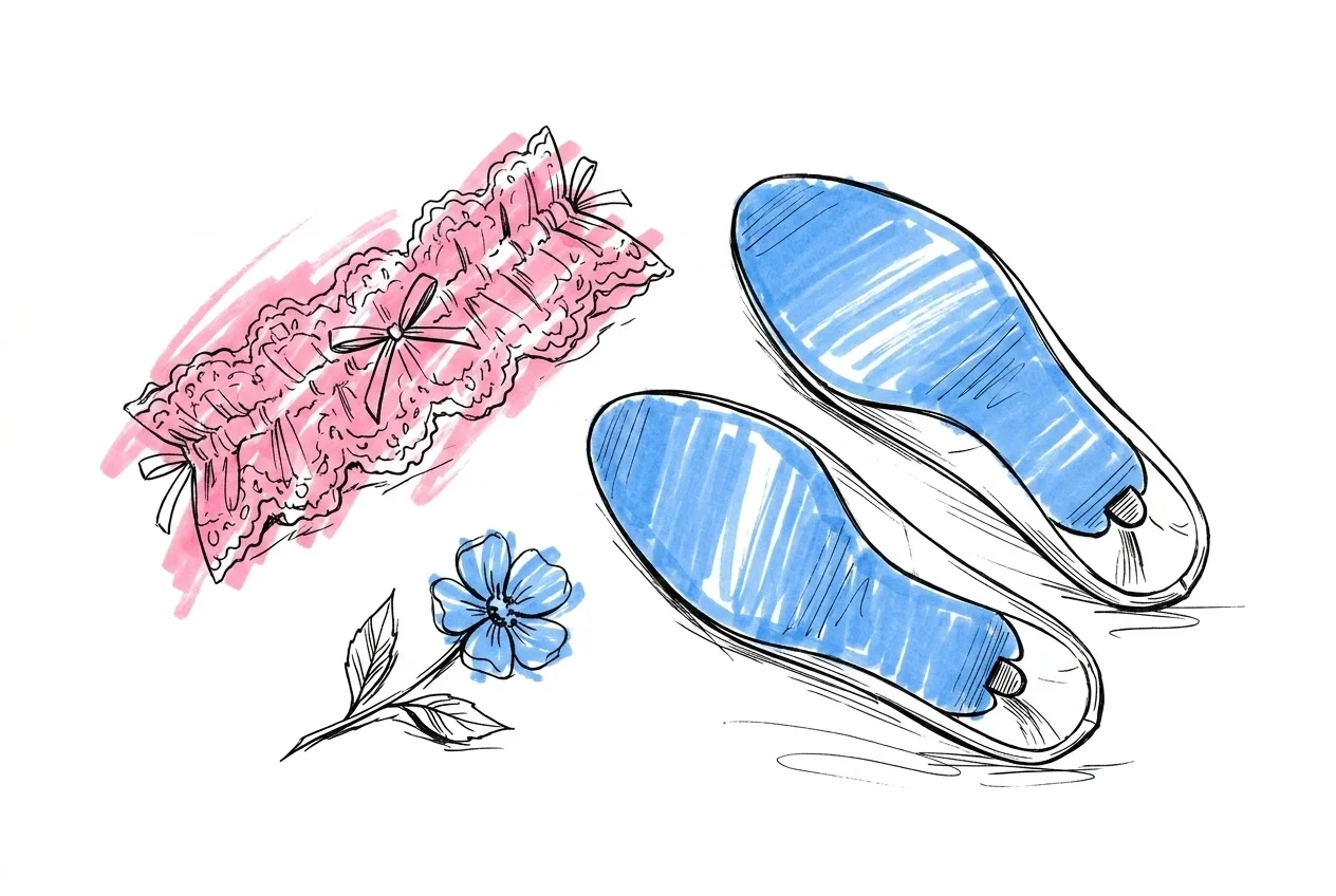 Spetsstrumpeband bredvid bröllopssko uppochnervänd som visar sulan, och en ensam blå blomma