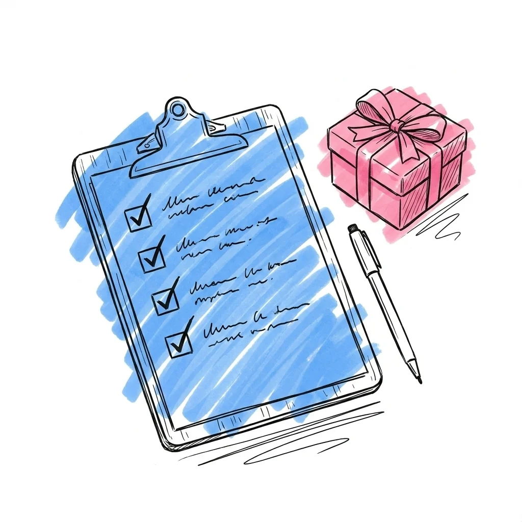 Checklista på clipboard med fyra avbockade poster, liten presentask och penna bredvid