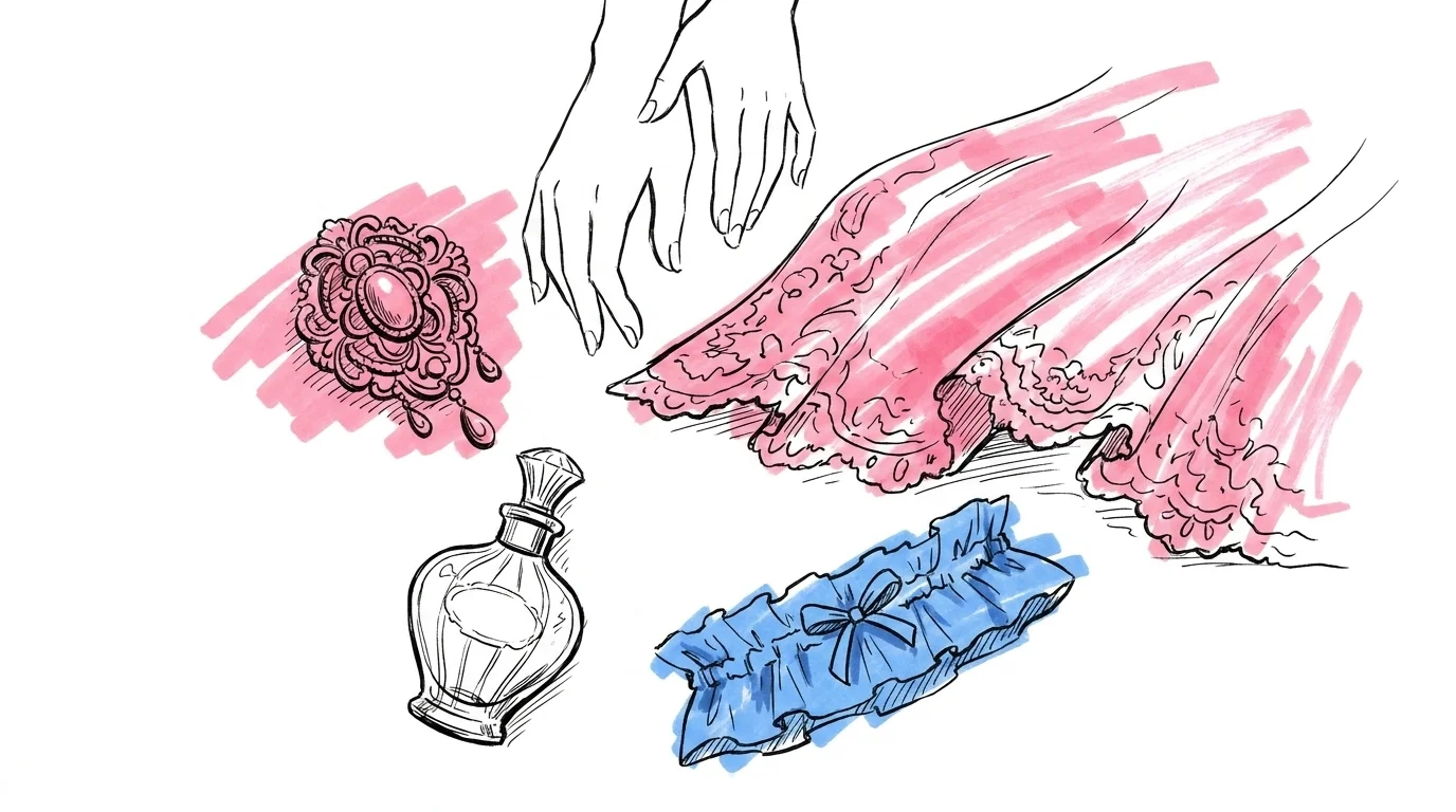 Fyra bröllopsobjekt upplagda som flat lay — antik brosch, parfymflaska, sjal och blått strumpeband, brudens händer sträcker sig mot dem