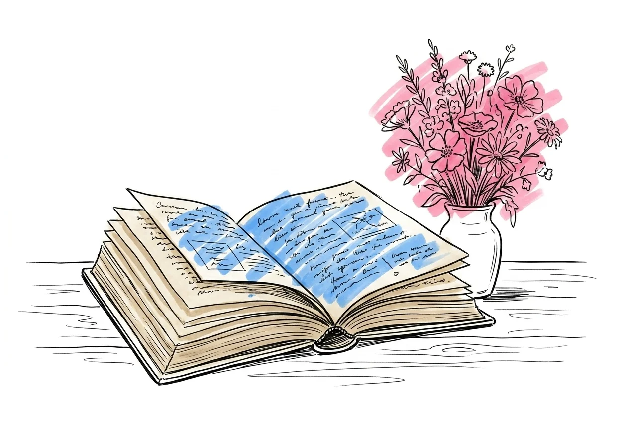 Öppen vintage bok med handskriven text, bredvid en liten bukett blommor — nostalgisk känsla