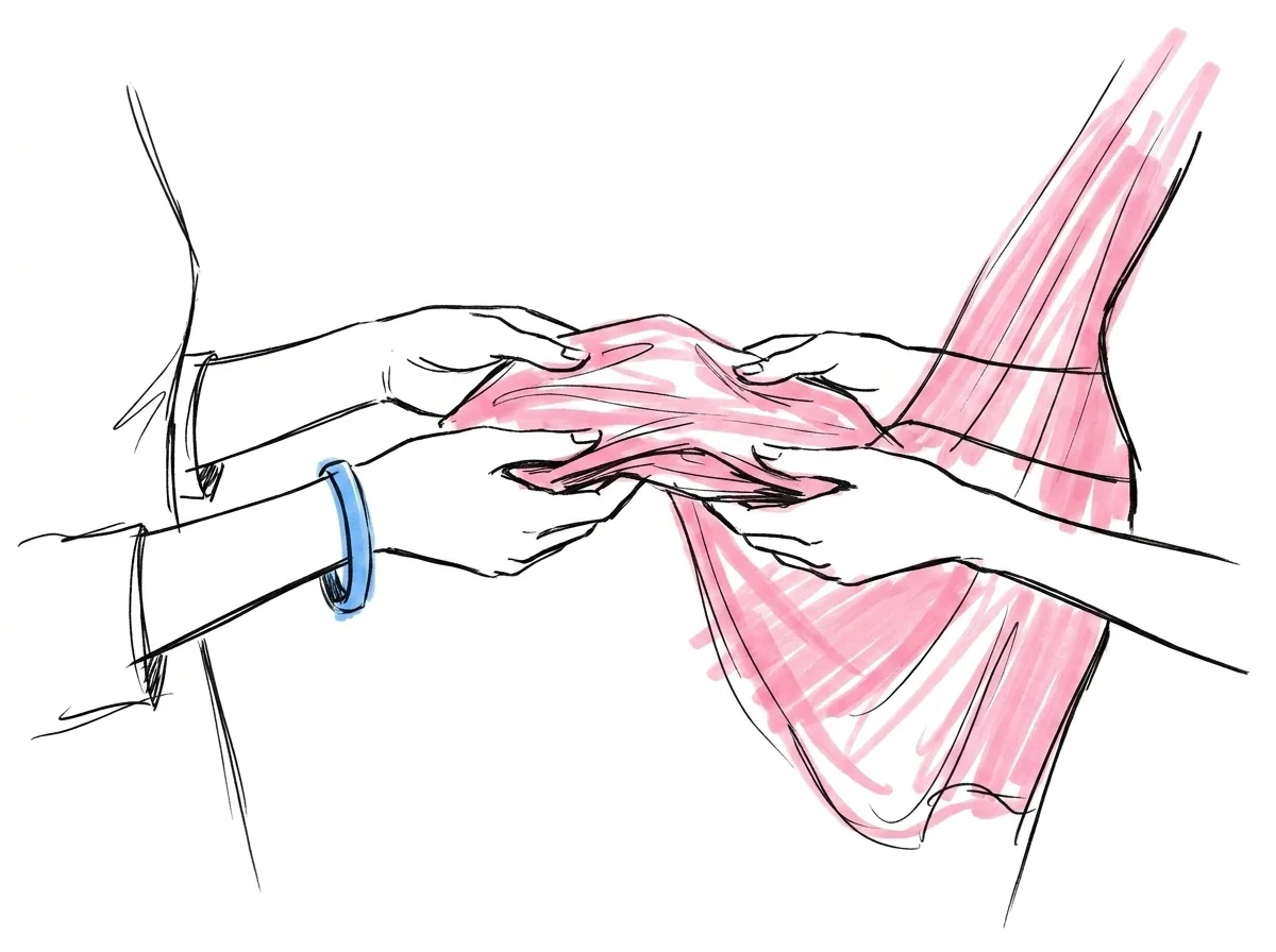 Två kvinnohänder — den ena räcker över en sjal eller slöja till den andra, gest av delande och vänskap