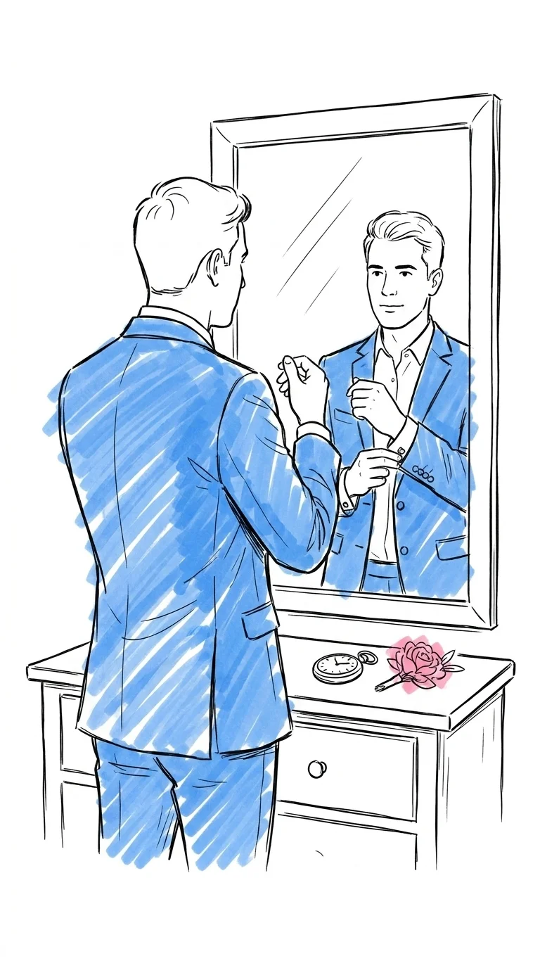 Brudgum som justerar manschettknappar vid en spegel, fickur och boutonnière på byrån bredvid