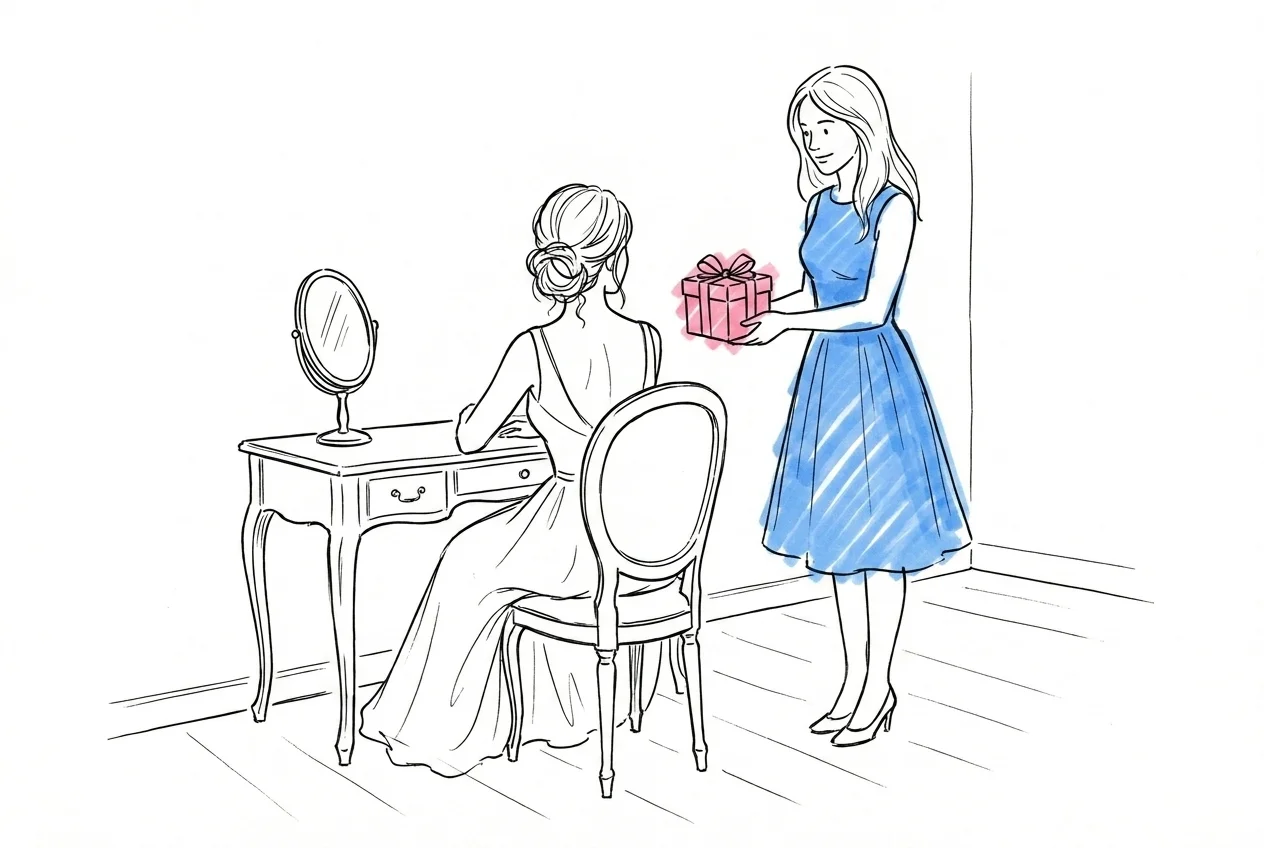 Brud sitter vid sminkbord medan väninna presenterar en liten presentask, morgonljus, intim förberedelsescen