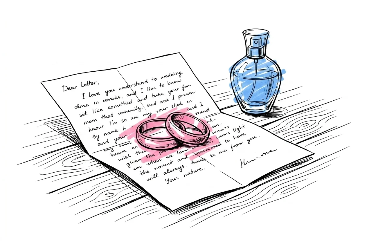 Par vigselringar på ett handskrivet brev, parfymflaska bredvid — fräsch, framåtblickande stämning