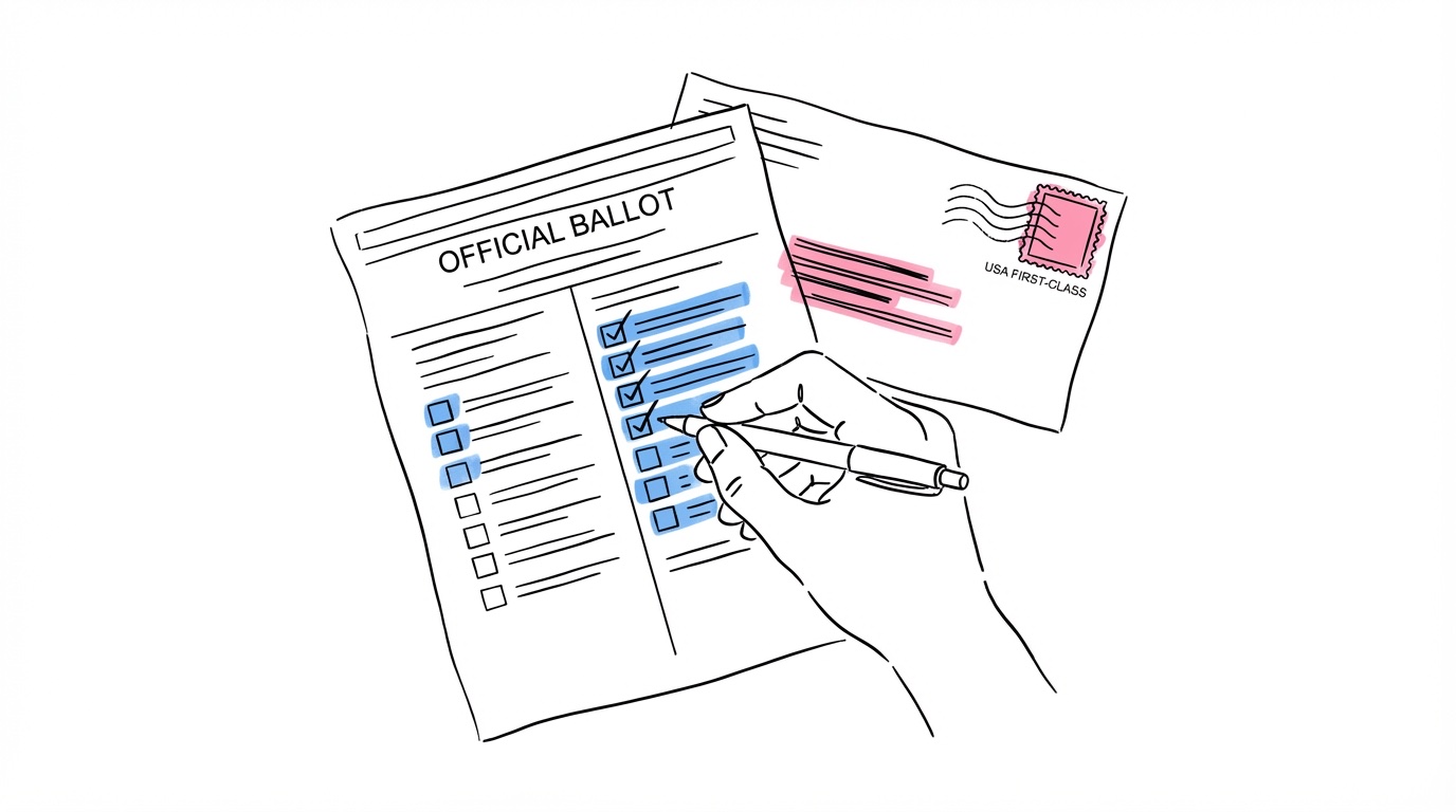 Hand som fyller i en myndighetsblankett med penna, kuvert och frimärke bredvid — namnbytesansökan