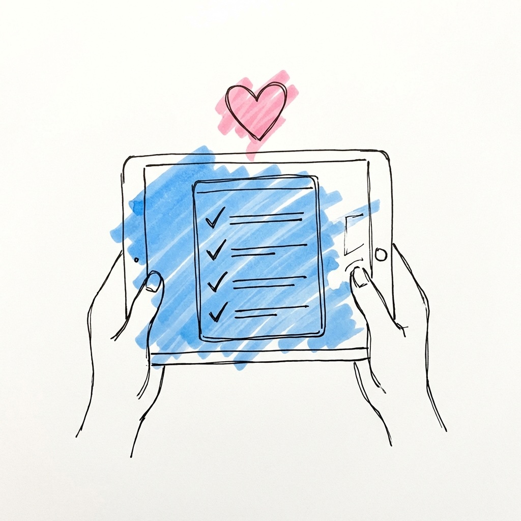 Pars händer som håller en surfplatta med en avbockad checklista — namnbyte klart