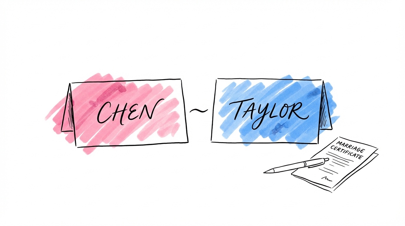 Två namnlappar sida vid sida med en bindestrecks-linje mellan dem, penna och vigselbevis — dubbelt efternamn
