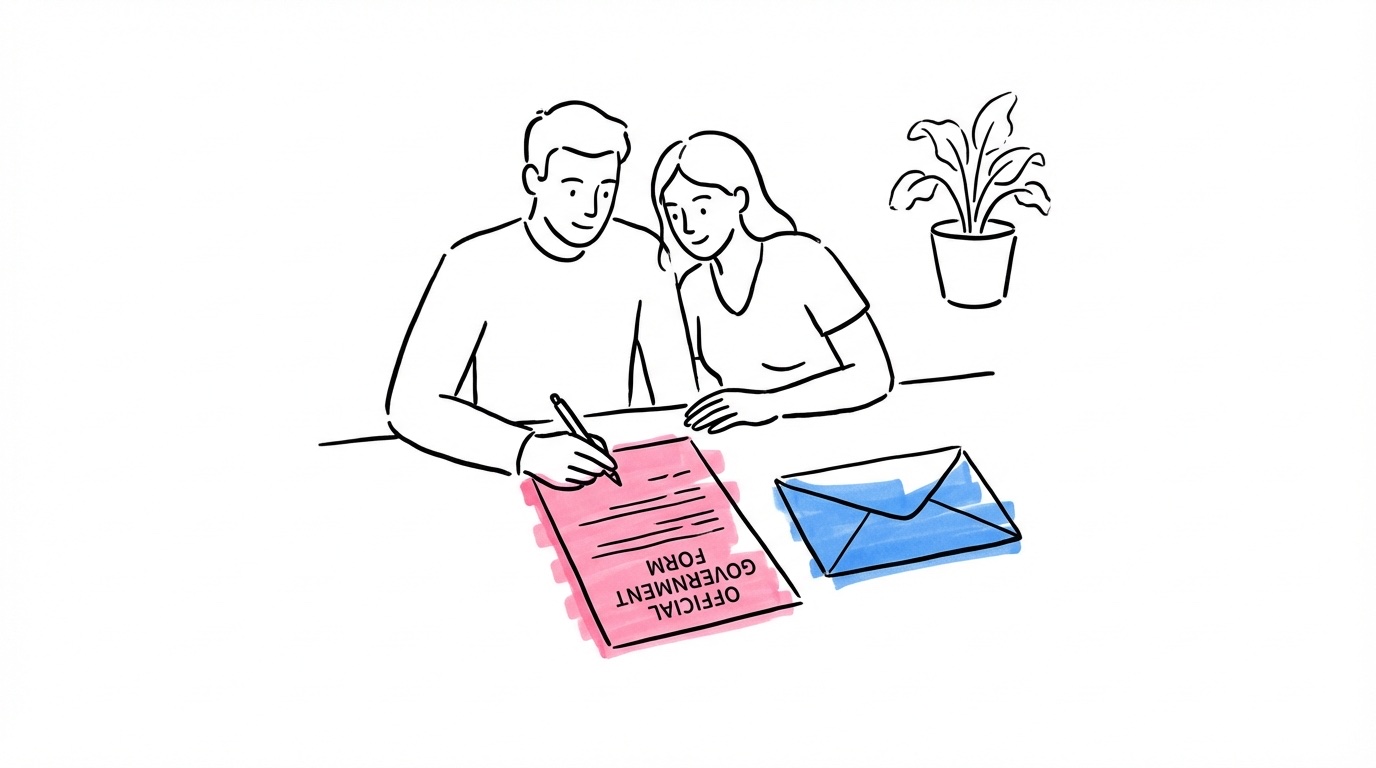 Par som sitter vid ett skrivbord med en officiell blankett, kuvert och penna — namnbyte efter bröllop