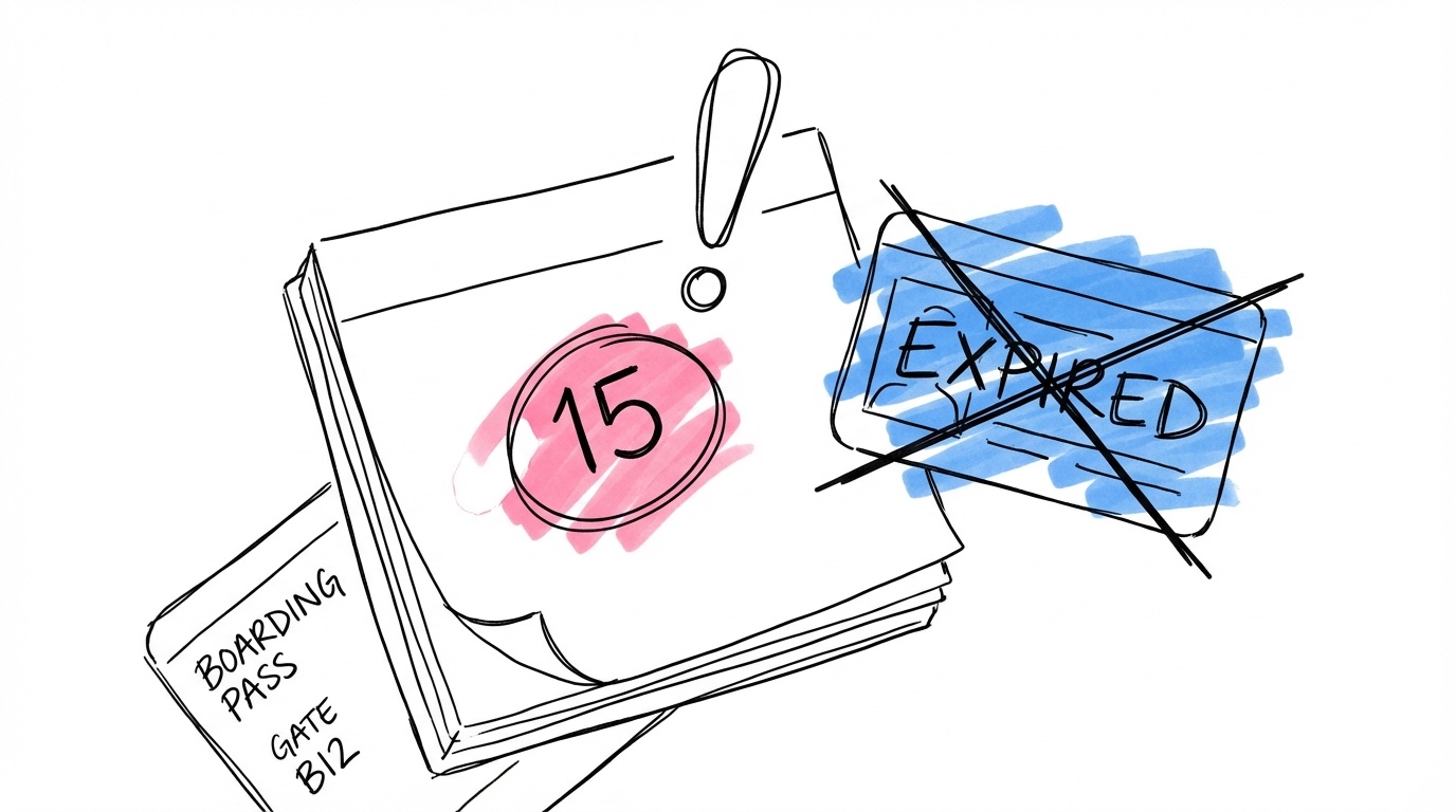 Kalender med inringat datum och utropstecken, överkryssat ID-kort och boardingpass — vanliga misstag vid namnbyte