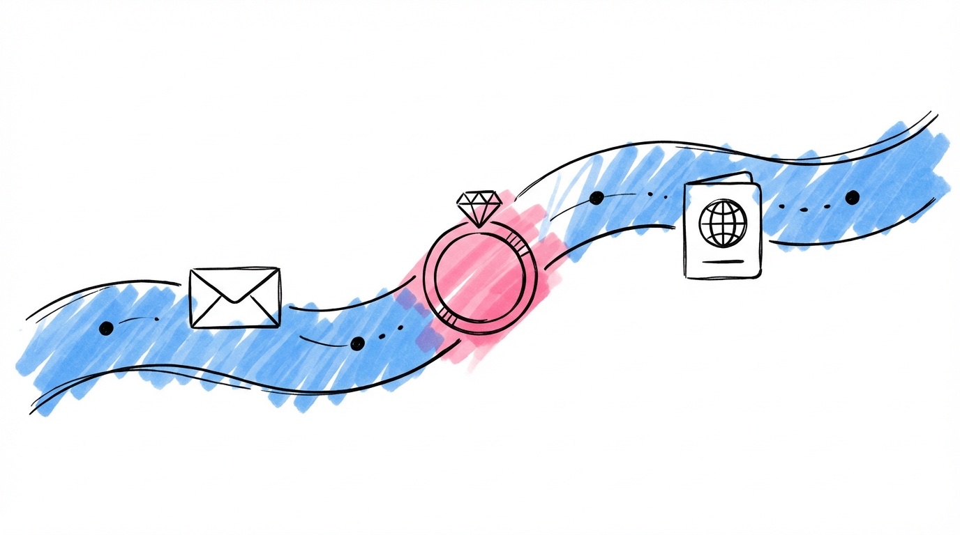 Horisontell tidslinje med milstolpar — vigselring, kuvert och pass — tidsplan för namnbyte