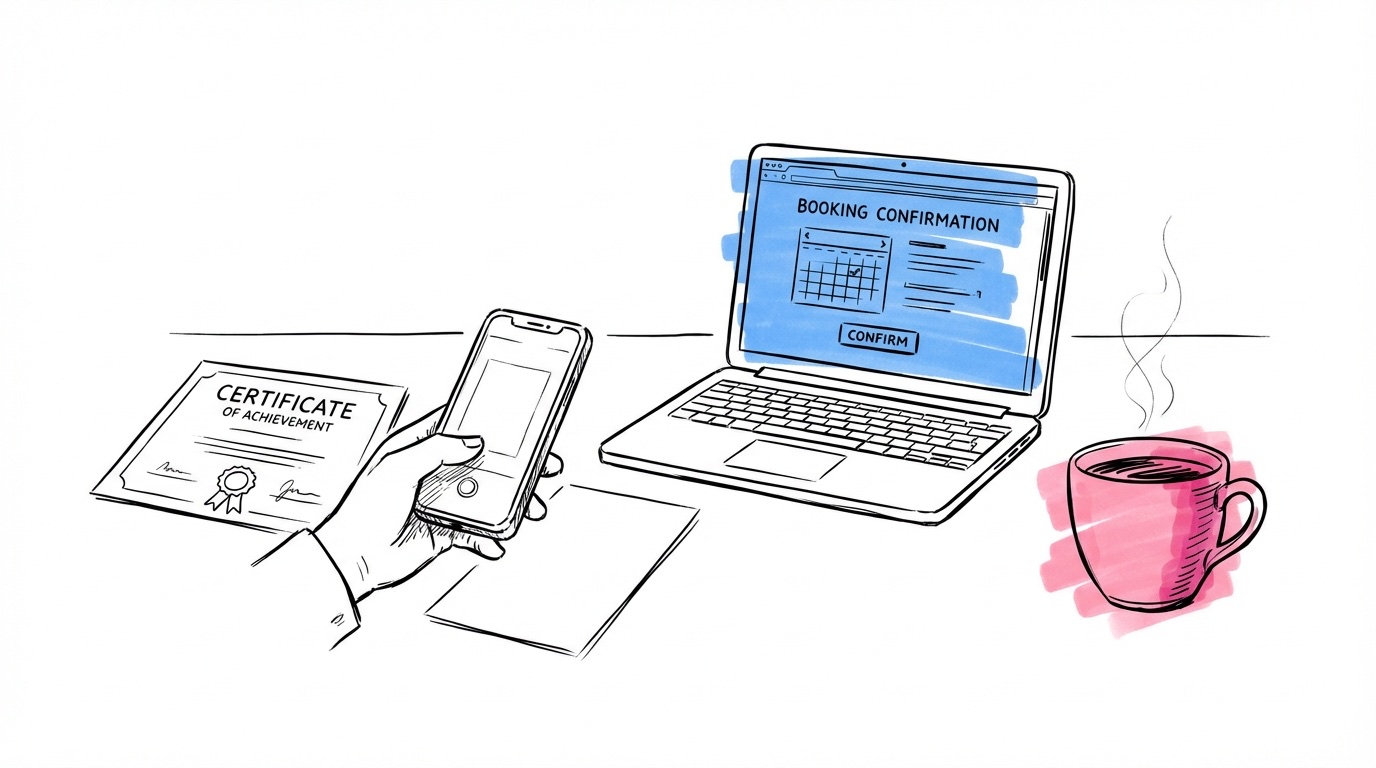 Prydligt skrivbord med utskrivet intyg, smartphone som fotograferar ett dokument och laptop — tips för namnbyte