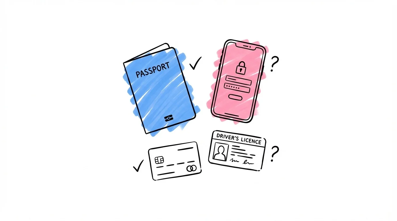 Flat lay med pass, bankkort, telefon med BankID, körkort och försäkringsdokument — uppdateringar efter namnbyte