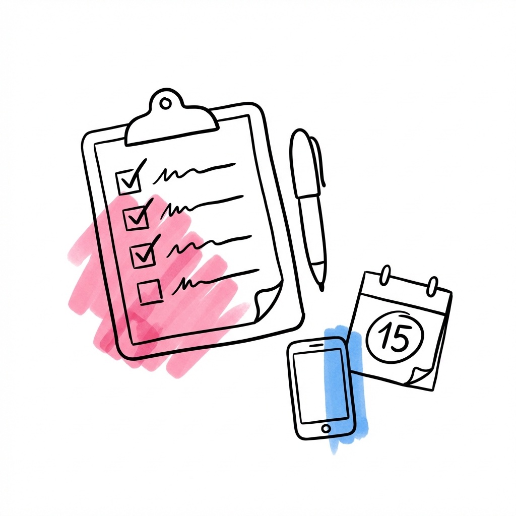 Clipboard med checklista och bockade rutor omgiven av kalender och penna i Lovios illustrationsstil