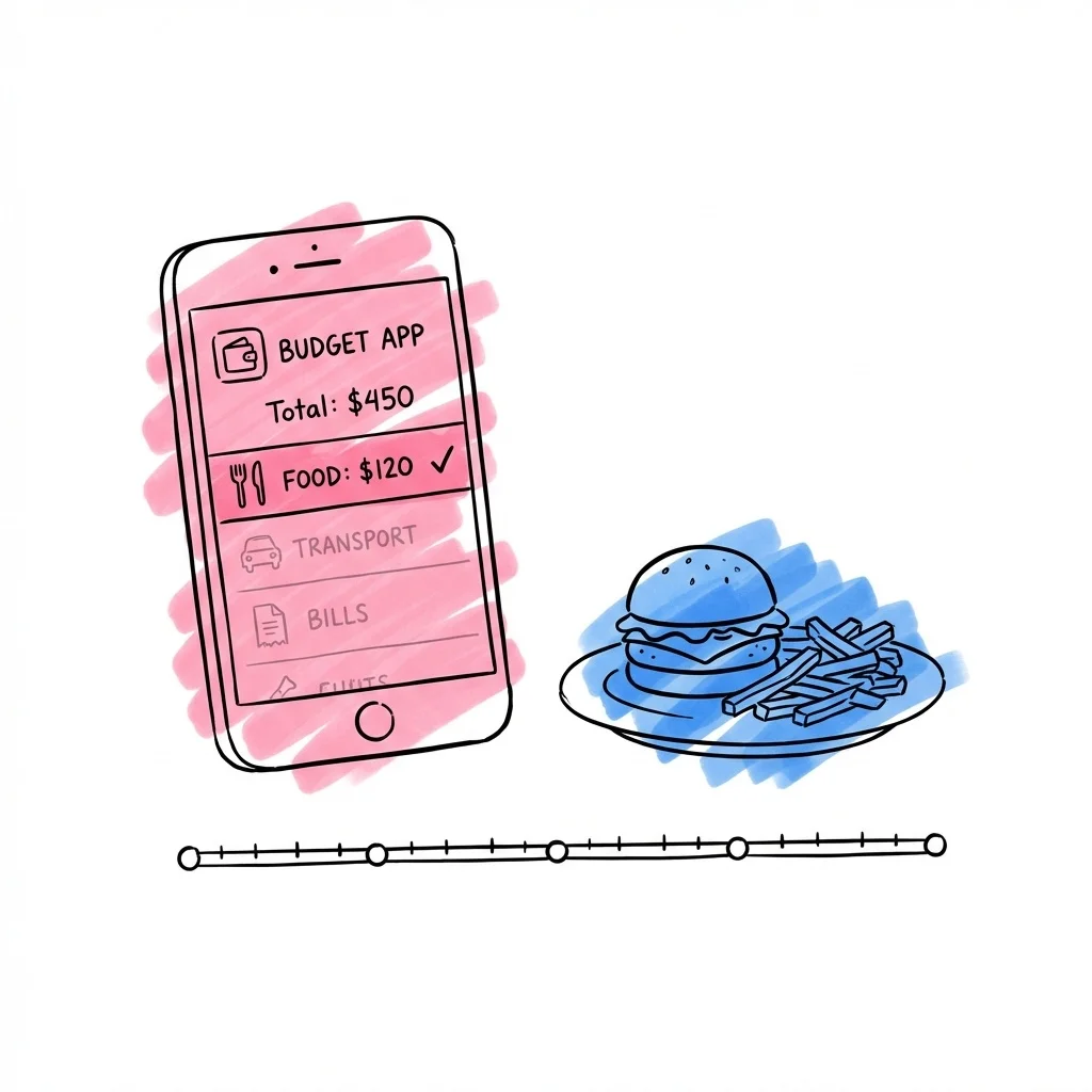 Budgetapp på skärm med matkategori markerad och tallrik bredvid i Lovios illustrationsstil