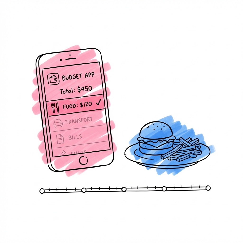 Budgetapp på skärm med matkategori markerad och tallrik bredvid i Lovios illustrationsstil