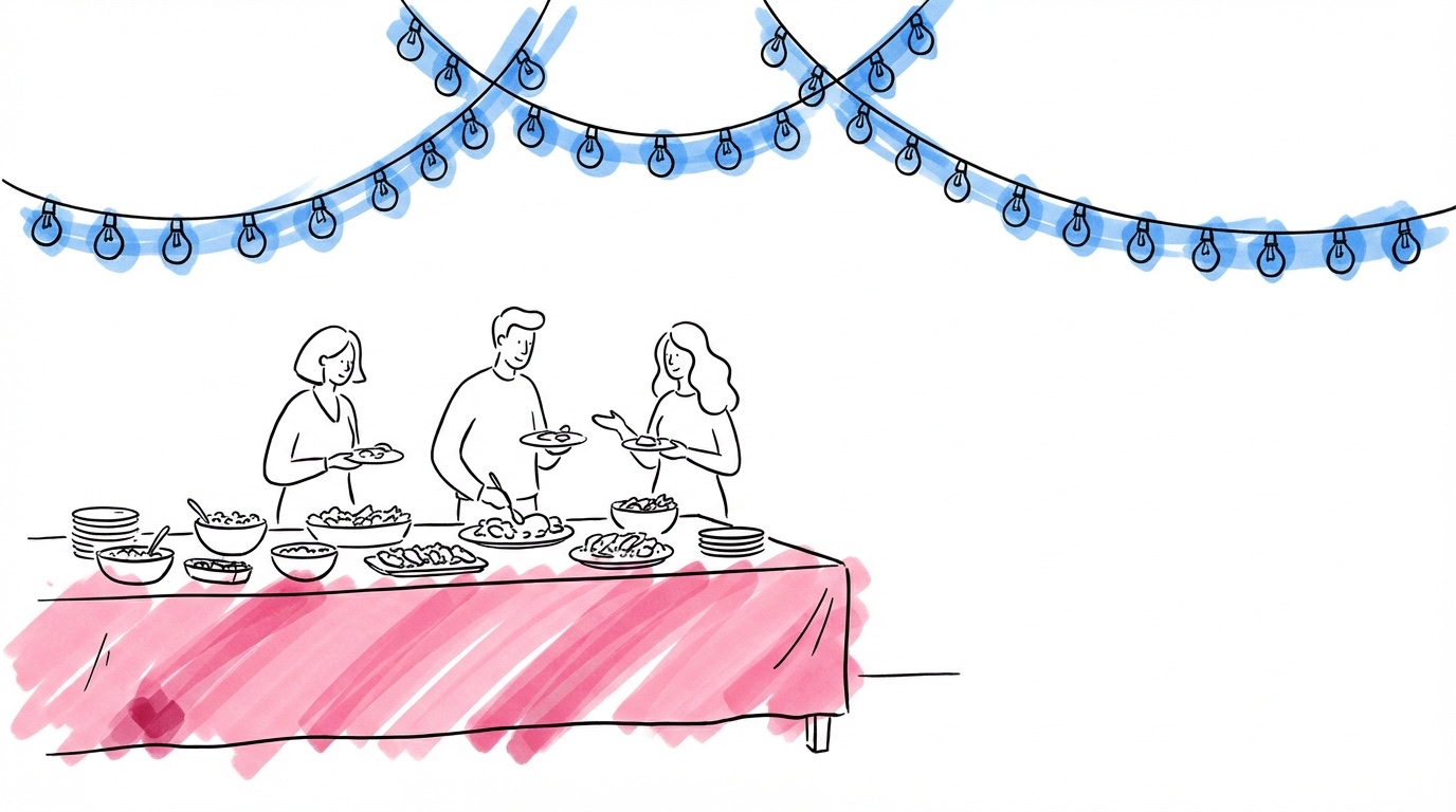 Bröllopsgäster samlade kring en upplyst matstation utomhus sent på kvällen med ljusslingor i Lovios rosa och blå stil