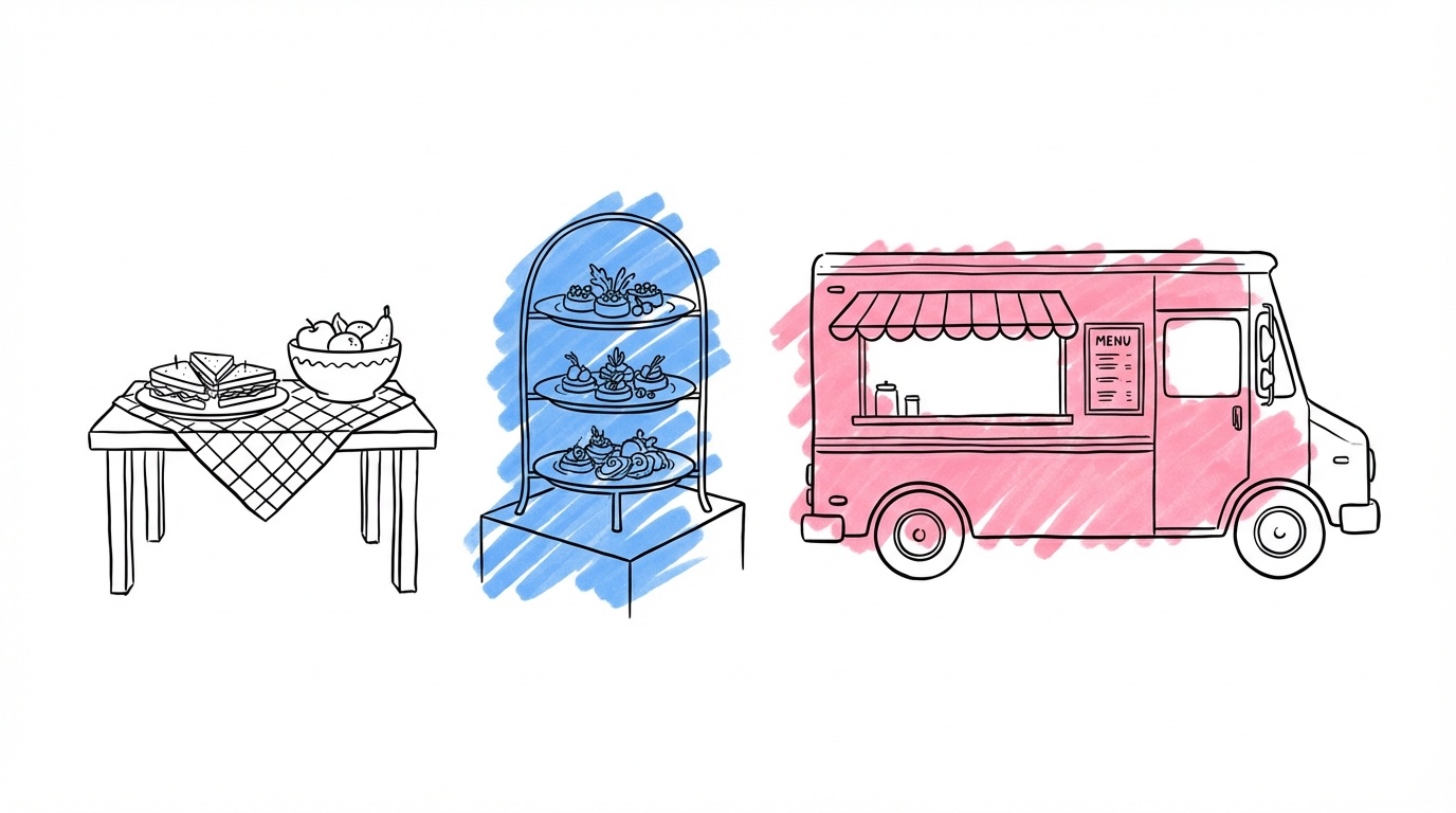 Tre olika serveringsupplägg sida vid sida — DIY-buffé, cateringuppdukning och foodtruck i Lovios illustrationsstil